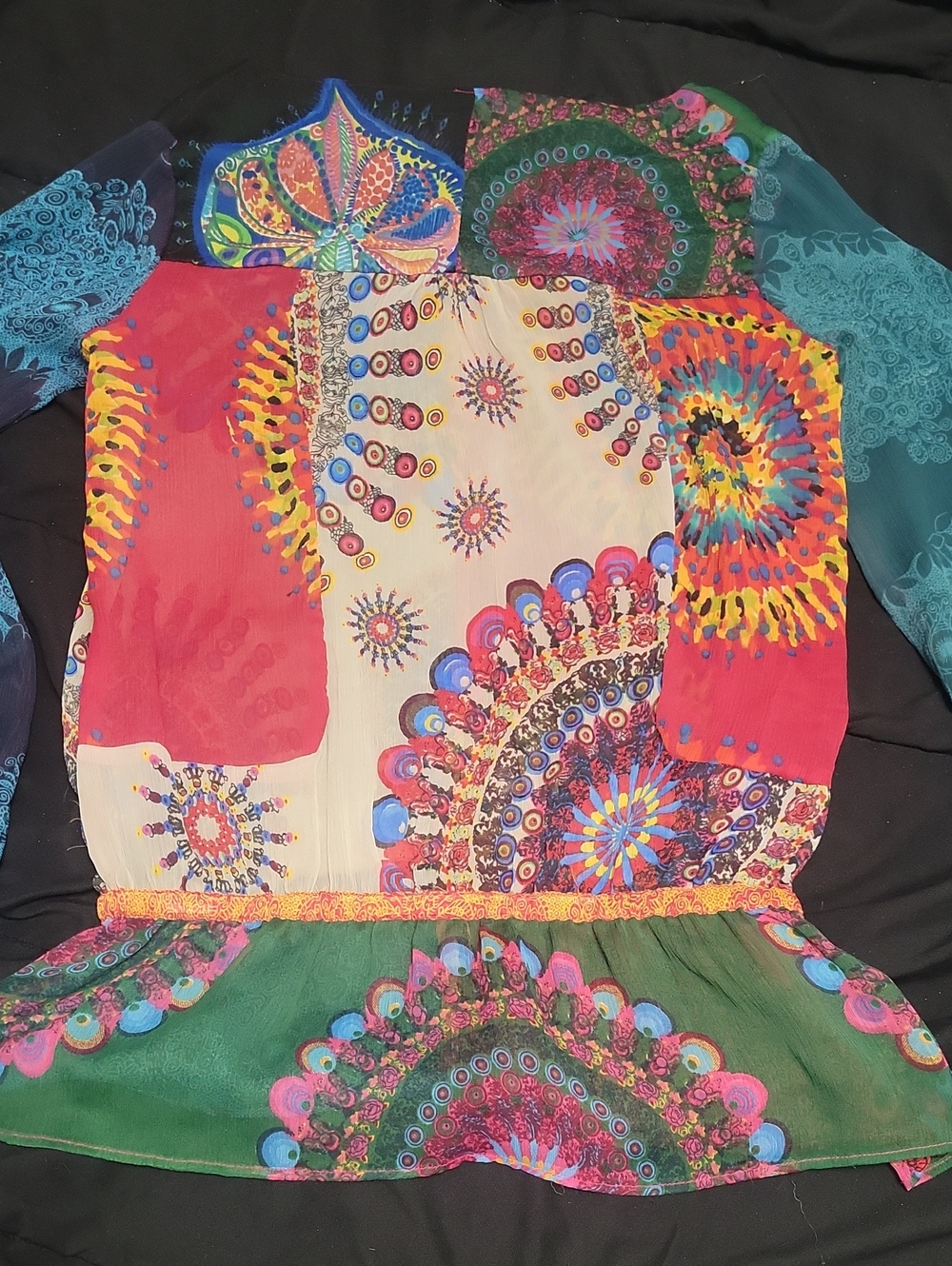 Desigual Large* Vintage Y2K Patchwork Mesh Sheer Button Down Blouse Boho - Picture 6 of 7